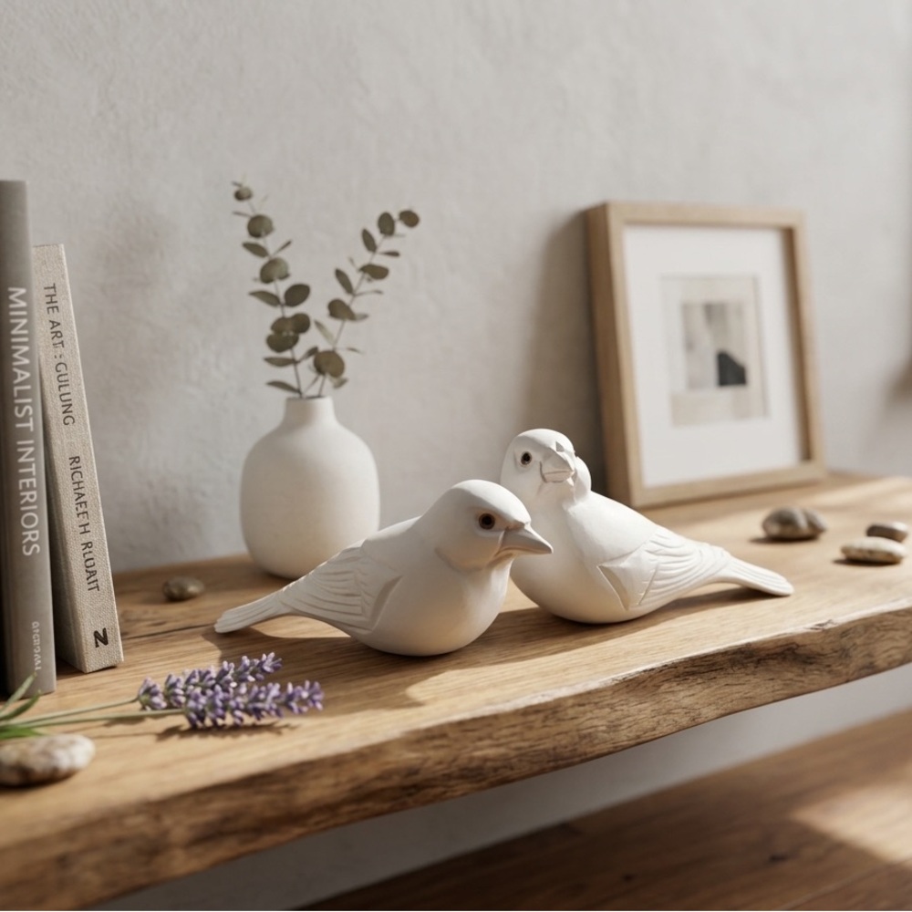 Artisan Carved White Wooden Songbirds – Rustic Shelf Decor – Set of 2